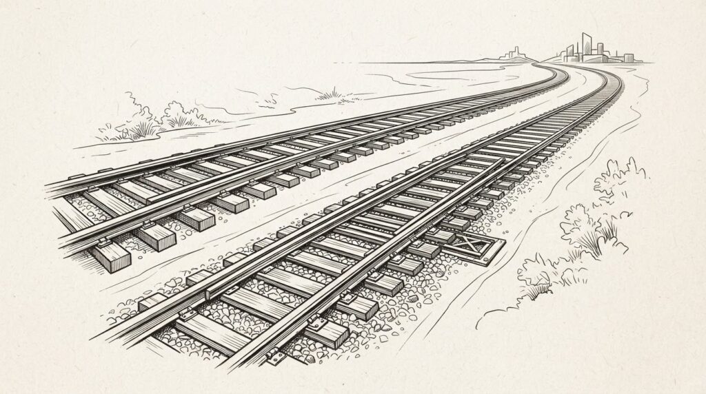 Two parallel railway tracks diverging from a single point — one solid and institutional, the other wider and more complex — representing Wells Fargo's dual-track tokenized deposits strategy.