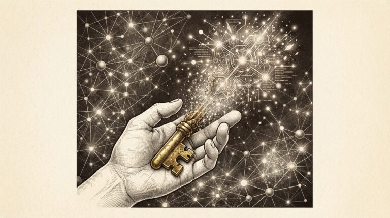 A golden wallet key morphing from a human hand into an autonomous digital agent form, with blockchain network nodes visible in the background, conveying inheritance and evolution from crypto infrastructure to agentic economy. Monochrome pen-and-ink engraving on warm paper.