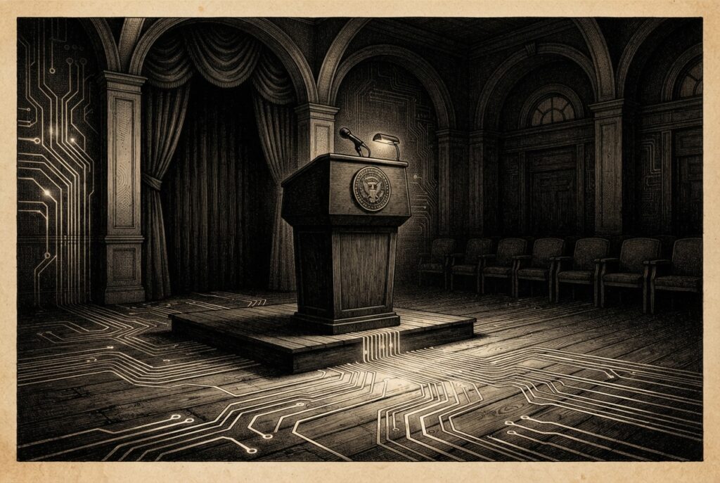 Monochrome editorial engraving of an empty government press podium in a dimly lit auditorium, with circuit-board traces running across the floor and walls, representing the silence of a lapsed statutory deadline and the underlying technical stakes.