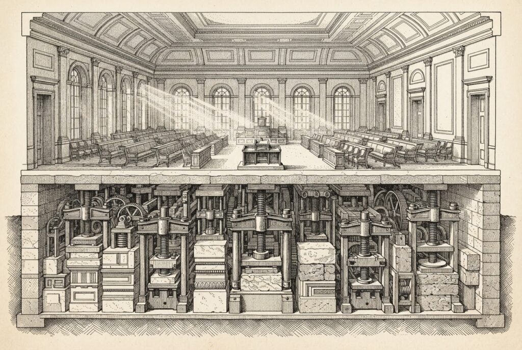Cross-section of a grand neoclassical government building. At the top, a vast legislative chamber sits completely empty - rows of vacant seats, an abandoned podium, dust motes in shafts of light. Below the empty hall, a dense network of mechanical forcing apparatus fills the lower levels: heavy iron presses, threaded bolts, and compression plates pressing mismatched stone blocks together into a single unified wall. The empty legislative space contrasts with the dense executive machinery below. Conceptual illustration of executive agency action filling a congressional vacuum.