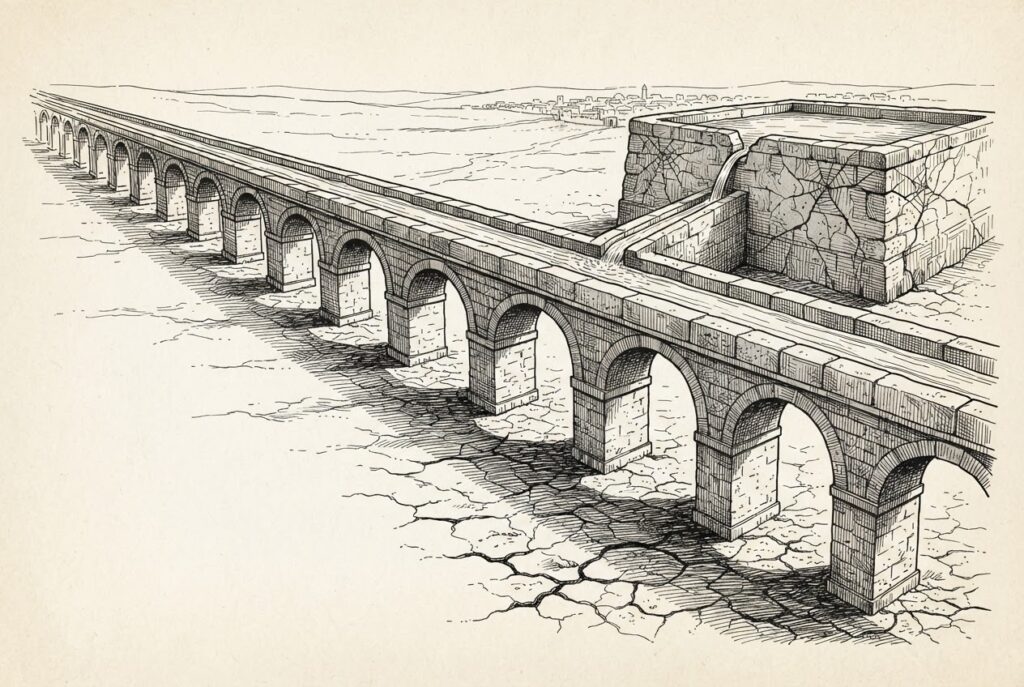 Pen-and-ink engraving of a vast stone aqueduct carrying water across a dry cracked plain, with the source reservoir visibly fractured - representing Canton Network's institutional infrastructure fed by a concentrated, fragile USD1 liquidity source.