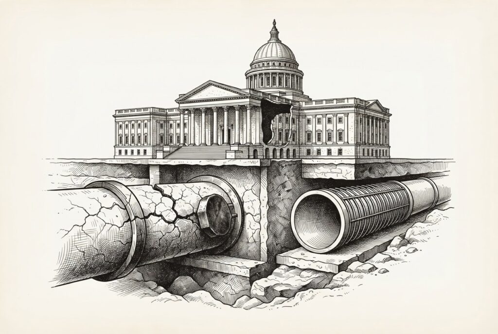 Cross-section of a classical government building showing underground conduits. On the left, a cracked and fractured conduit is being sealed shut with a heavy plug. On the right, a new reinforced conduit with geometric reinforcement rings is being connected. Conceptual illustration of a state swapping compromised blockchain infrastructure for institutional-grade connectivity.