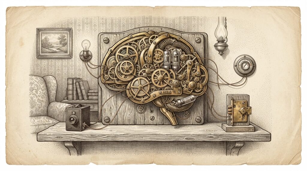 A mechanical brain made of brass gears and clockwork mechanisms bolted to a simple wooden shelf in a domestic living room, with small connected devices radiating outward like limbs connected by thin copper threads, symbolizing local AI processing in the home.