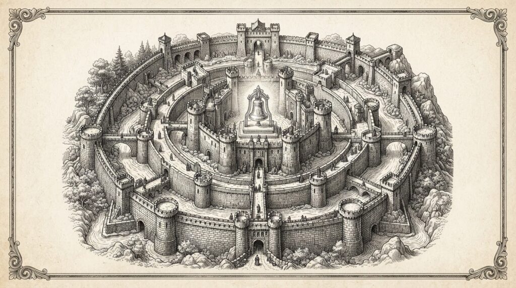 Monochrome pen-and-ink engraving of three interlocking layers forming a fortress around a stylized IPO bell, representing Anthropic's pricing, access, and privacy strategy