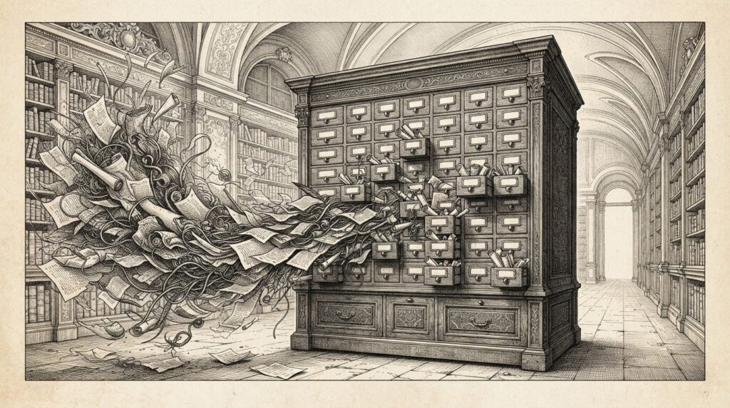 A grand library catalog cabinet with many small labeled drawers stands in the center as a chaotic storm of loose papers and tangled threads swirls from the left, each item slotting neatly into its proper drawer upon reaching the cabinet - symbolizing the shift from agent sprawl to governed catalog governance.