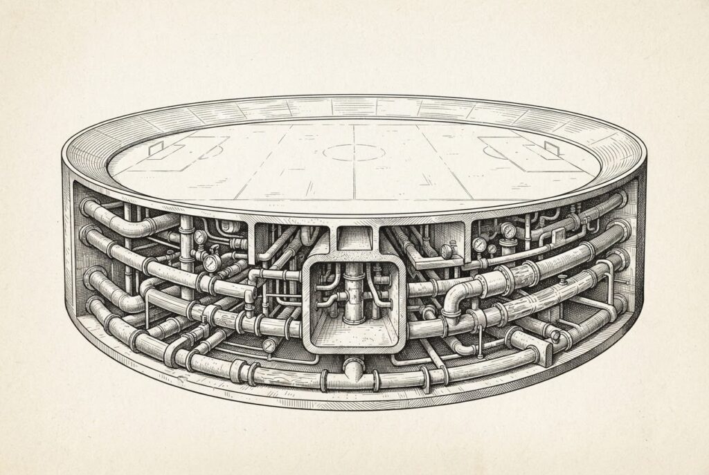 A 19th-century-style engraving showing a cross-section of a vast circular sports arena with elaborate, densely rendered network of underground conduits, pipes, and pressure valves converging toward a central chamber, symbolizing the infrastructure layer beneath a competition.