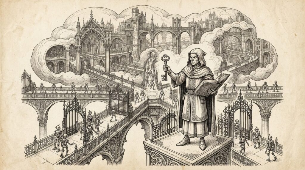 A robed guardian figure stands at an intersection of ornate walkways inside a vast cloud-shaped architectural labyrinth, holding a key aloft and an open book, directing small mechanical figures through wrought-iron gates along branching pathways. Monochrome pen-and-ink engraving with cross-hatching and stippling on aged paper.
