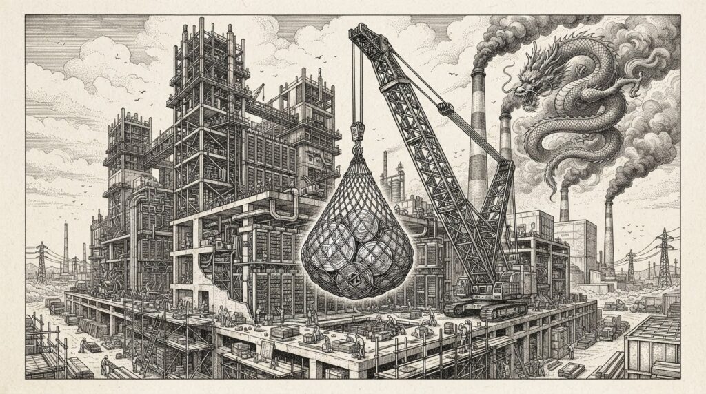 A monochrome pen-and-ink engraving of a massive industrial crane lifting enormous gold coins into a towering data center complex under construction, with a dragon motif emerging from smoke stacks in the background, symbolizing ByteDance's sovereign compute investment and AI infrastructure capital deployment.