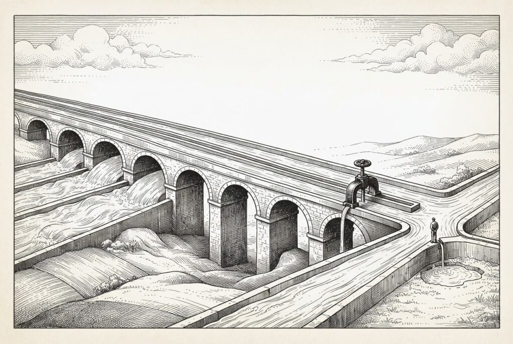 A vast Roman-style aqueduct system with multiple parallel channels - three flowing freely representing MIT-licensed models, one gated with a narrow valve representing revenue-restricted models - converging at a junction where a lone figure chooses which channel to tap
