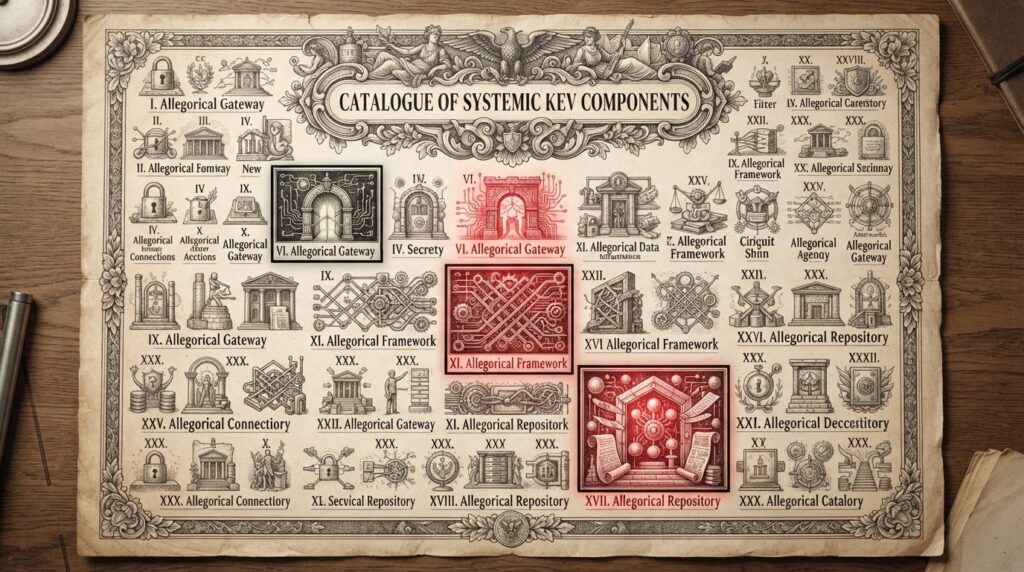 Monochrome pen-and-ink engraving of a federal KEV catalog document with seven entries highlighted, three representing AI infrastructure layers