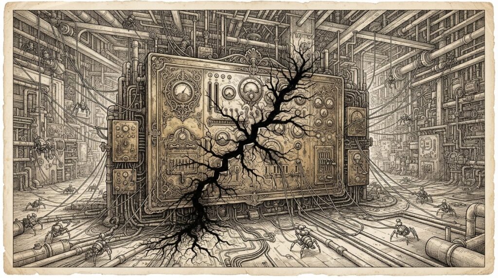 A massive ornate brass switchboard at the center of a vast network of copper pipes and cables, with a visible crack running through it and dark ink seeping into the surrounding network, symbolizing infrastructure vulnerability in AI data centers.