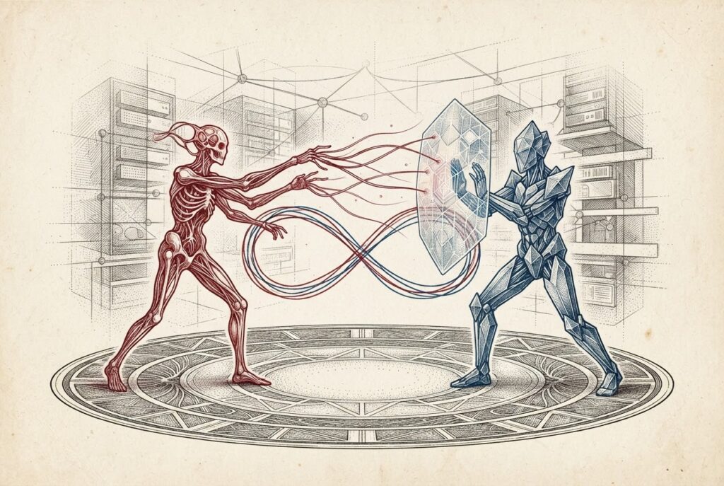 Dual red and blue agent loops representing CrowdStrike SafeMind's offensive and defensive AI models operating in a closed feedback loop.