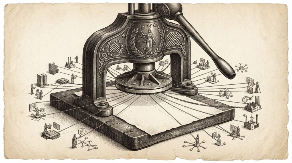 A heavy ornate official seal press hovers just above a sheet of blank paper, about to stamp down, symbolizing the EU AI Office's transition from information-gathering to active enforcement.