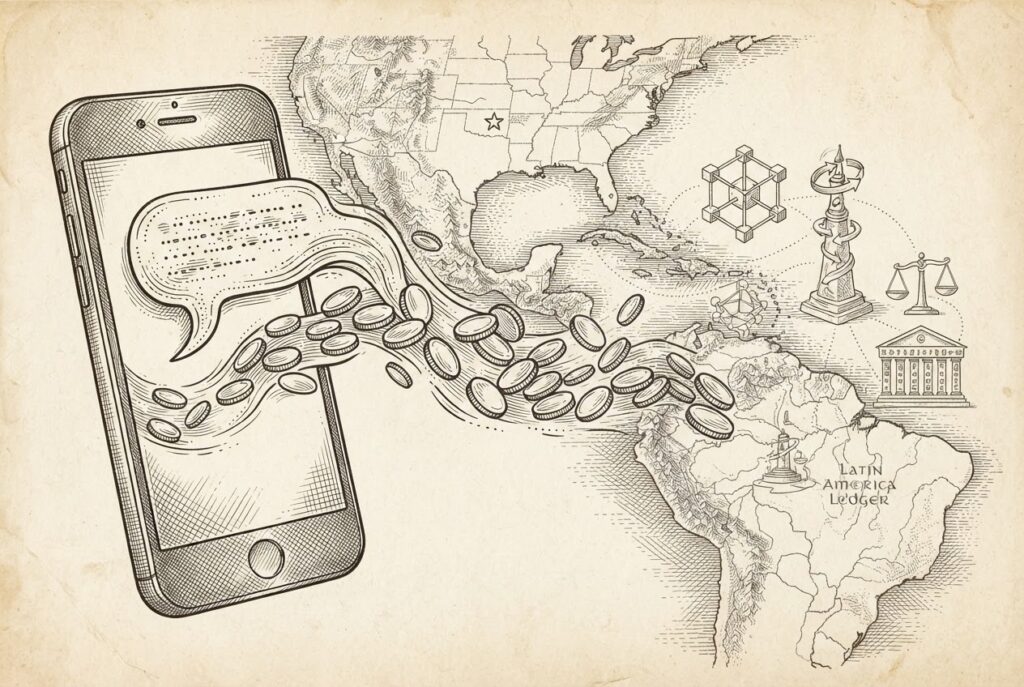 A smartphone displaying a WhatsApp chat bubble transforming into a stream of coins flowing across a map from the US to Latin America, with stablecoin infrastructure nodes visible as subtle architectural elements in the background