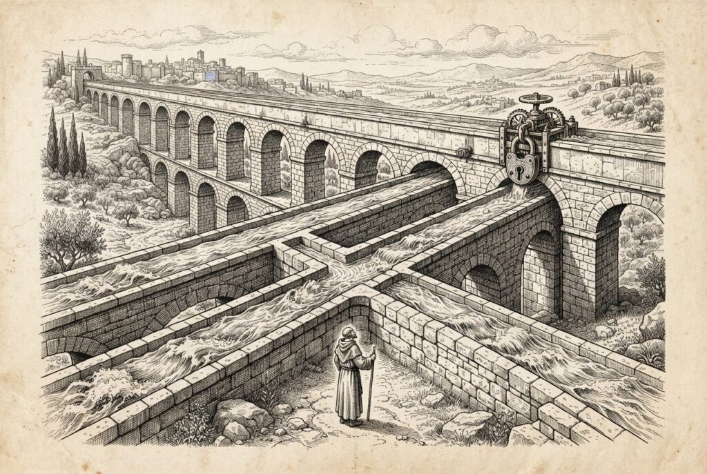 A vast Roman aqueduct system with multiple parallel water channels at different heights, three flowing freely representing MIT-licensed models, one gated with a narrow brass valve representing revenue-restricted models, with a lone robed figure at a junction choosing which channel to tap