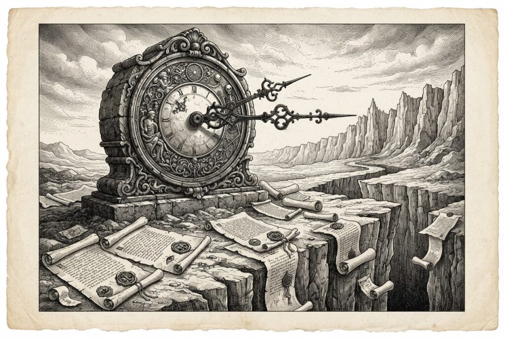 A monochrome pen-and-ink engraving of an ornate clock face set against a jagged cliff edge with scattered legal documents, representing the 137-day countdown to GENIUS Act enforcement amid an unfinished regulatory framework.