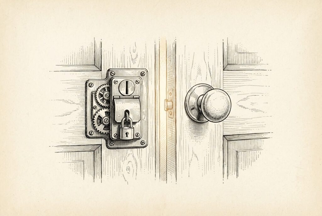 A plain wooden domestic door with two contrasting handles side by side - the left an elaborate coin-operated mechanism with visible gears and a padlock, the right a simple brass knob - with the door slightly ajar and warm light spilling through the gap on the simple-knob side.