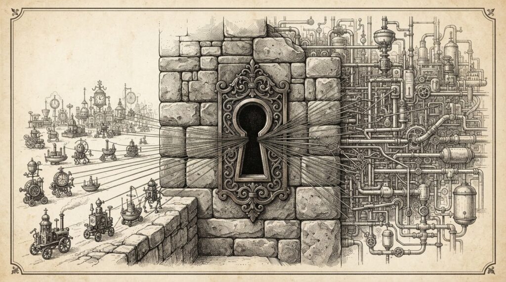 An ornate keyhole in a thick stone wall with dozens of fine threads converging through it, representing an ecosystem that appears open but is structurally controlled through a single gateway.