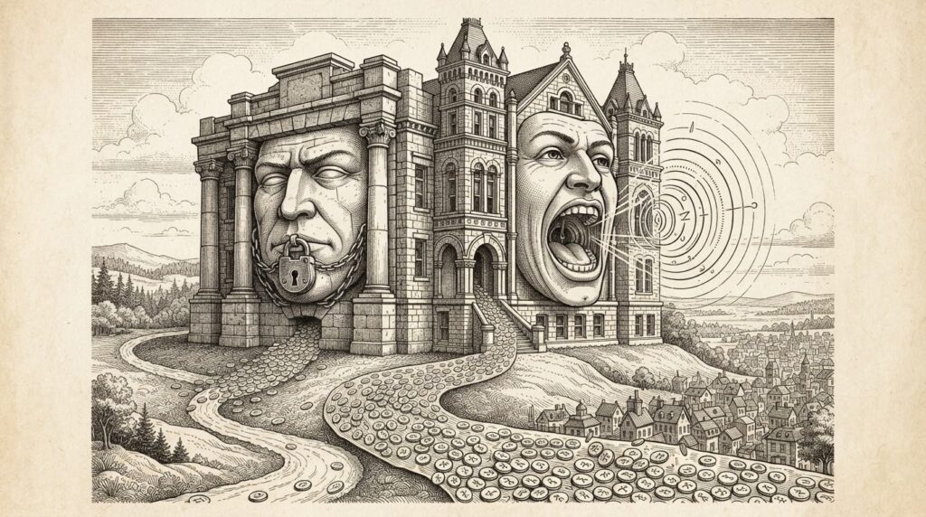 A grand institutional building with two distinct faces: one side has a sealed mouth with padlock, the other side has an open speaking mouth with visible vocal cords and sound waves. Between them, small coins flow like a river toward a distant town of small buildings.