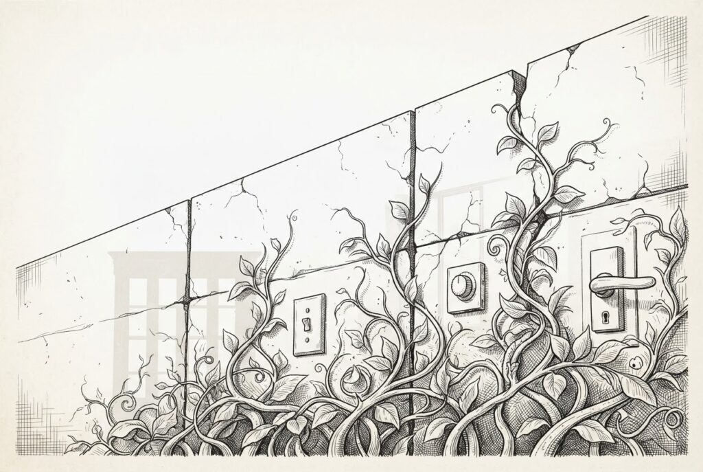 A geometric concrete wall with organic vines forcing through the cracks, carrying small domestic objects - symbolizing open-source intelligence reclaiming the smart home from corporate walled gardens.