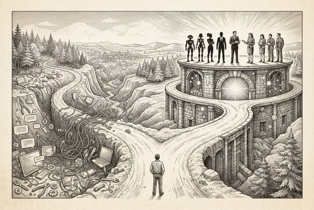 A fork in a road: the left path descends into a chaotic tangle of disconnected miniature tools and tangled wires, while the right path leads to a unified platform structure with five distinct agent silhouettes standing in organized formation alongside human figures — metaphor for Optimizely's bet that the DXP, not standalone tools, is where AI agents belong