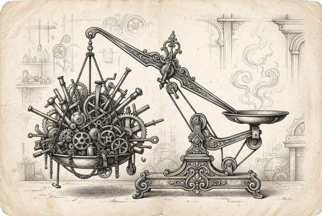 A mechanical balance scale with the left pan overflowing with heavy gears and cogs representing action calls, while the right pan holds only thin wisps of smoke representing output tokens, illustrating the shift from deployment volume to execution efficiency