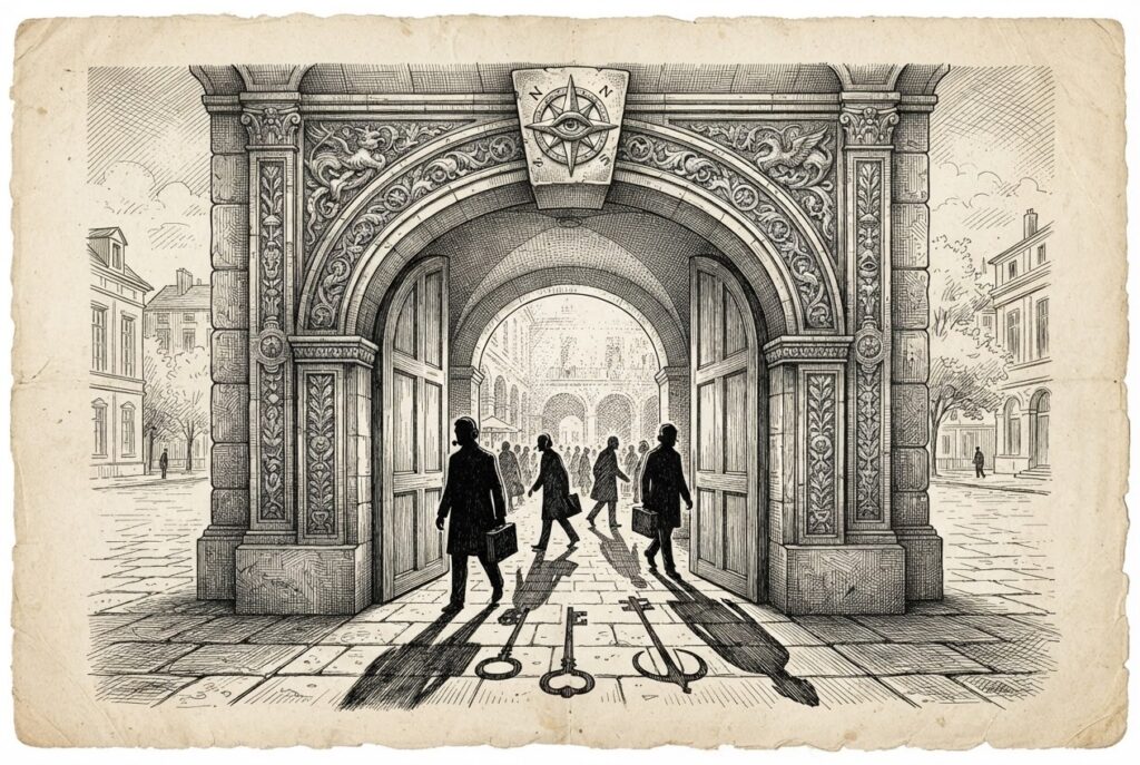 A monochrome pen-and-ink engraving of an ornate open doorway with shadowy figures walking through, their shadows morphing into skeleton keys, representing the weaponization of trusted communication channels