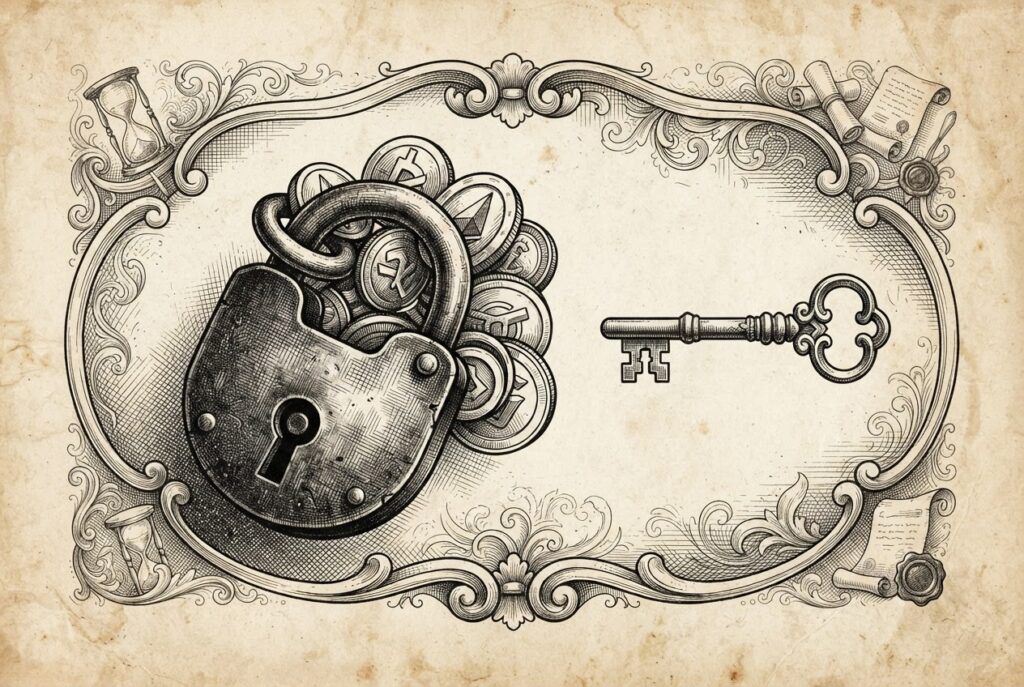 A monochrome pen-and-ink engraving of a heavy iron padlock clamped around digital tokens with a visible gap between the lock mechanism and a separate ornate key hovering just out of reach, representing delayed legal authorization